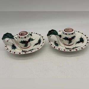 Set Of 2 Vintage Lefton 033 Hand Painted Christmas Holly Candle Stick Holder 6”